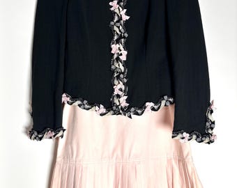 Vintage Moschino Skirt Suit Set Black Bouclé Jacket Pink Silk Skirt Coquette Chanel Style Tweed Suit Parisian Spring Occasion Outfit