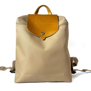 Sac à dos Longchamp vintage Le Pliage marron clair et doré