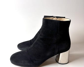 Prada Black Suede Ankle Boots – Metallic Block Heel Italian Designer Size 37