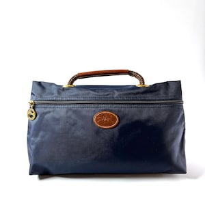 Vintage Longchamp Le Pliage Travel Pouch: Navy Nylon, Leather Handle