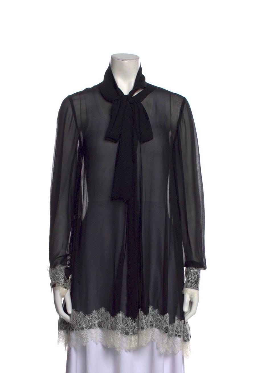 McQ, MCQ Alexander McQueen Black Silk Chiffon Shirt Dress Lace Trim Bow Neck Gothic Romantic