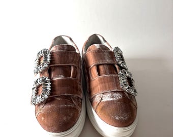 Roger Vivier Vintage Pink Velvet Sneakers with Crystal Buckle, French Designer