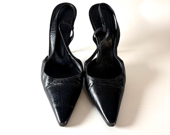 Vintage Balenciaga Schwarz Leder Spitz Schuhe Slingback Heels