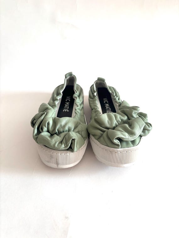 VIC MATIÉ Sage Green Leather Sneakers, Sculptural Ruffle Shoes