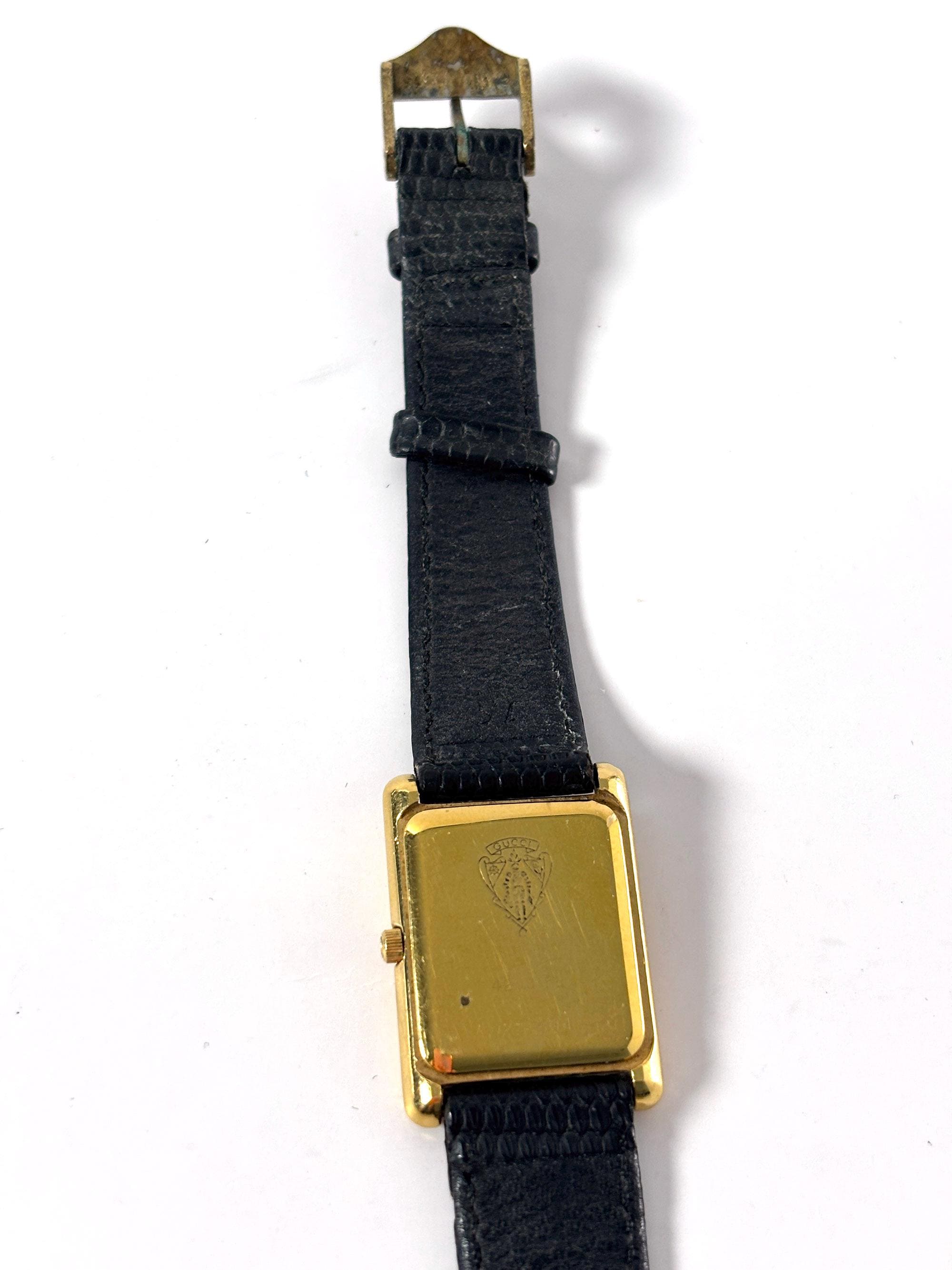 Vintage Gucci Watch – Gold Square Case, Black Leather Strap 