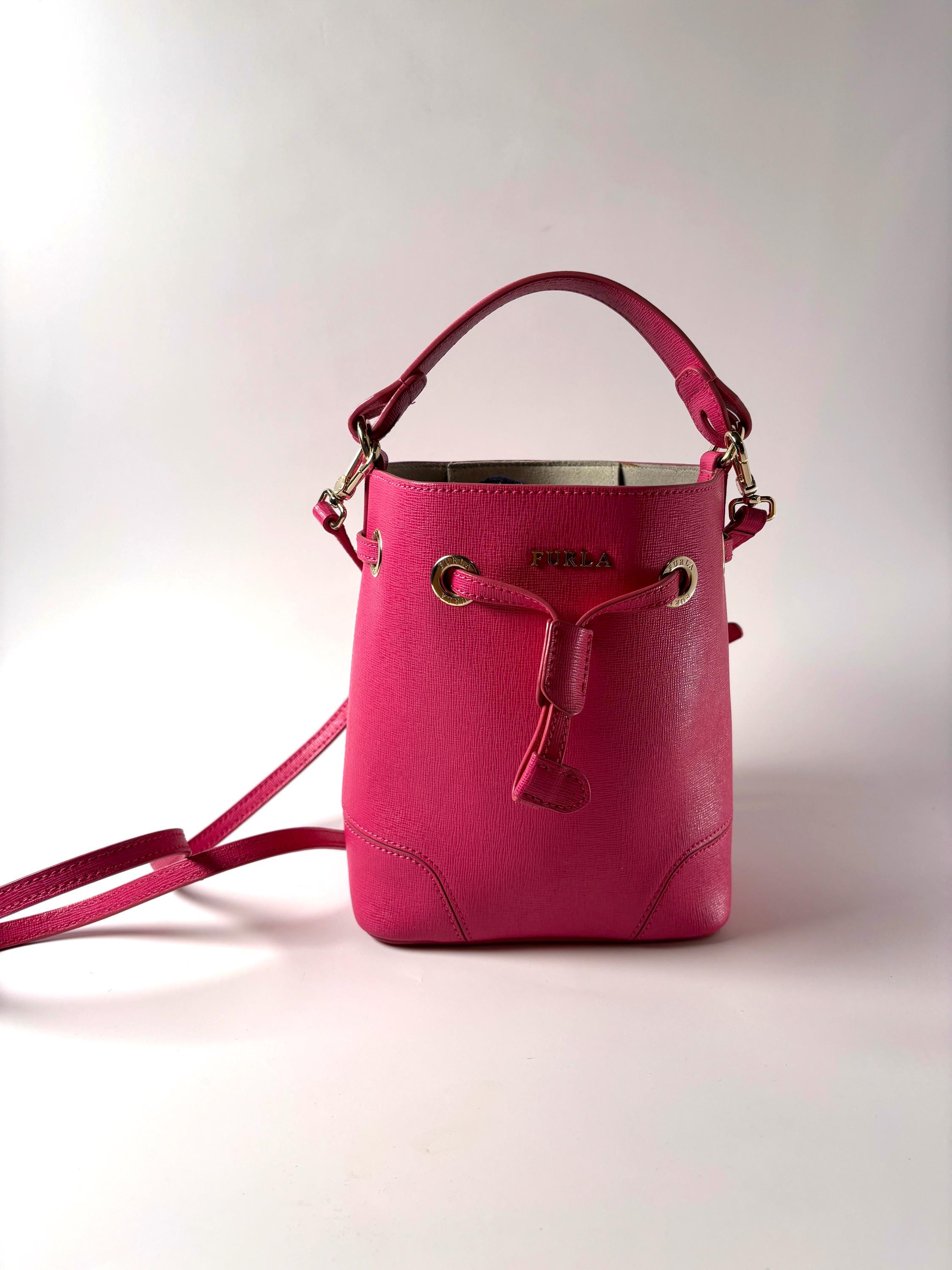 Italian Leather Furla Pink Mini Bucket Bag | Drawstring Crossbody 
