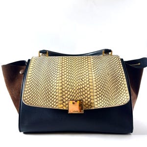 Puede incluir: Un bolso negro y marrón con solapa de piel de serpiente y herrajes dorados. El bolso presenta un diseño estructurado con un asa superior y una forma rectangular. El nombre de la marca "Celine" es visible en el cierre frontal.