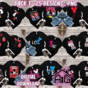 Puede incluir: Una colección de camisetas negras con varios diseños de Mickey Mouse y Minnie Mouse. Cada camiseta presenta un gráfico diferente, incluyendo las palabras "LOVE", "BOY FRIEND" y "GIRL FRIEND". Las camisetas se muestran con pantalones cortos de mezclilla y zapatillas negras.