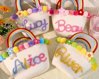 Personalized Rainbow Cotton Rope Handbag: Custom Name Tote Bag