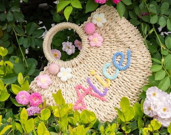 Personalized Handwoven Straw Tote Bag: Embroidered Beach Bag