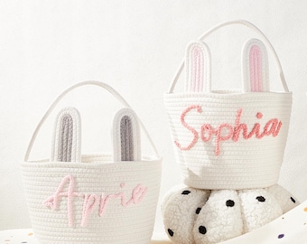 Custom Name Easter Basket: Hand-Knitted Cotton Bunny Bucket