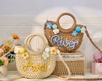 Personalized Woven Straw Basket Bag: Beach Tote with Pom