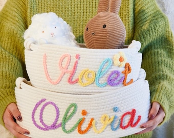 Personalized Baby Shower Gift Basket,Baby Gift Basket, Toy Basket, Rope Cotton Baby Gift Basket, Toy Basket,Baby Name Gif, Easter Basket