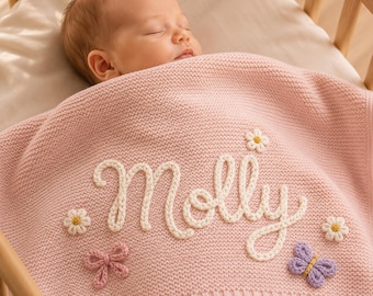 Custom Hand-Embroidered Name Baby Blanket, A Baby Gift,Custom Embroidered Blankets