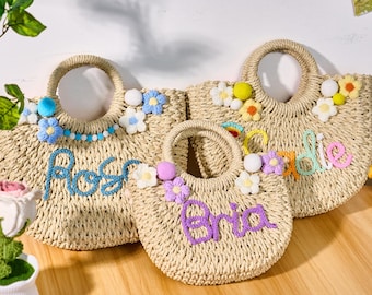 Customizable Handwoven Straw Tote Bag,personalized toddler handbag,straw handbag bachelorette,custom crochet straw handbag bridesmaid