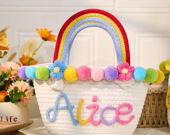 Personalized Children's Tote Bags For Winter,Custom Name Rainbow Cotton Rope Bag,Gifts For Girls，Children's Carry Bag,Christmas Gift Bag