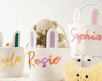 Personalized Easter Bunny Basket: Hand-Knitted Cotton Rope Basket