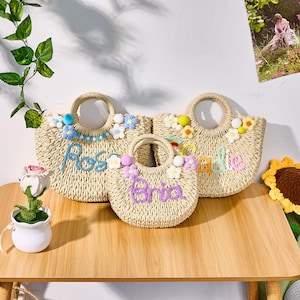 Personalisierte Strohtasche, kundenspezifische handgewebte Stroh-Einkaufstasche, Boho Strandtasche mit Namenstickerei, Muttertagsgeschenke, Strohtasche Name