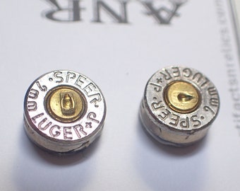 9mm Nickel Silver Bullet earrings. cowgirl jewelry REAL Shells with Surgical Steel Post and  brass center