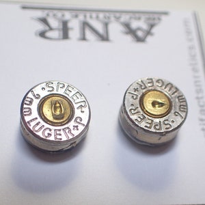9mm Nickel Silver Bullet earrings. cowgirl jewelry REAL Shells with Surgical Steel Post and  brass center