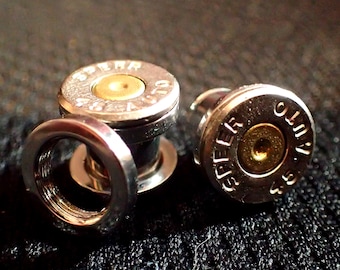 Silver Bullet ear Gauges 45 Caliber Casing Plug Earrings  Gift for him