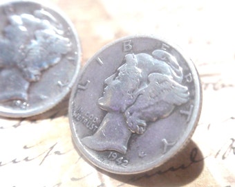 Vintage Mercury Dime Post Stud Earrings Real Silver dimes with surgical steel posts