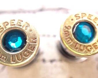 Bullet gauges, 9mm Brass Bullet ear Plugs Earrings Bullet ear gauges w Surgical Stainless Steel Tunnel