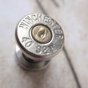 May include: A silver bullet earring with a brass-colored center and the inscription "WINCHESTER 40 S&W".