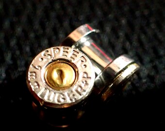Bullet ear plugs 9mm Bullet Plug Earrings Bullet Shell u pick your gauge Two Tone Gold & Silver 9mm gauges bullet gauges, bullet guages