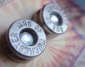 Bullet Earrings  - 40 Caliber Stud w gem Bullet Jewelry Stud style earrings Nickel plated silver