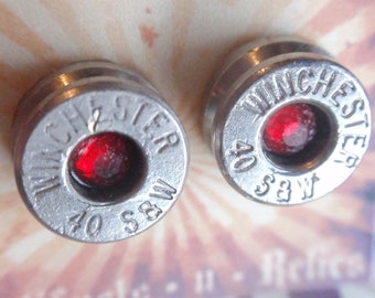 Earrings  - 40 Caliber Stud w gem Bullet Jewelry Stud style earrings Nickel plated silver