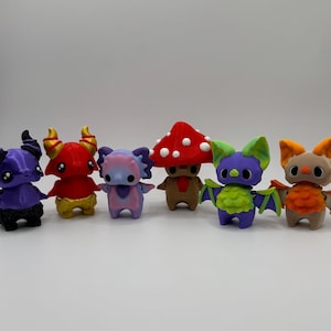 3d printed fantasy pixies – mushroom, axolotl, bat & beastly | whimsical articulated creatures | layers in green design