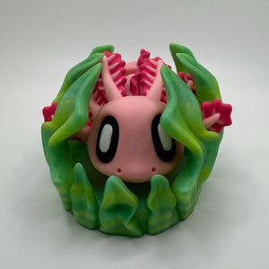 3D Printed Magnetic Axolotl with Seaweed Bed – Articulated & Poseable – Designed by Blob Lab
