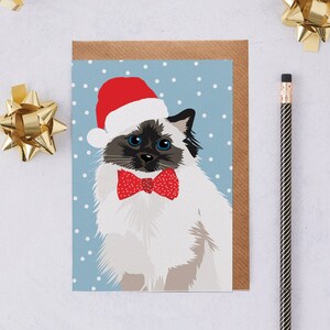 Cartolina meg del gatto di Natale, con cappello di Babbo Natale e papillon