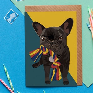 Ronnie die französische Bulldogge Grußkarte spielend mit Spielzeugseil