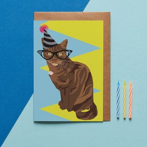 Party cat birthday card with cats eyes glasses and party hat