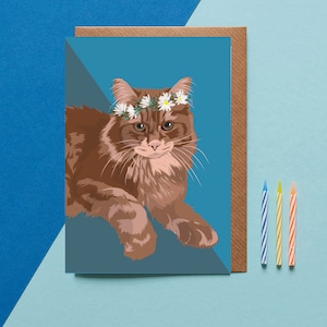 Whisky de Maine Coon Kat draagt bloemkroon wenskaart