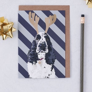 Nancy the cocker spaniel christmas card with her reindeer antlers headband in gold foiling