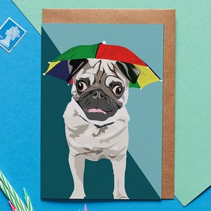 Arnie el pug con sombrero de paraguas