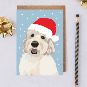 Carte cockapoo blanche de Noël, avec chapeau de Père Noël, carte de Noël de chien