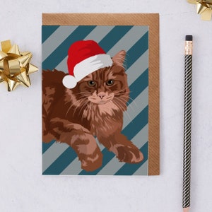 Carte de Noël pour chat Maine Coon, Whisky portant un chapeau de Père Noël