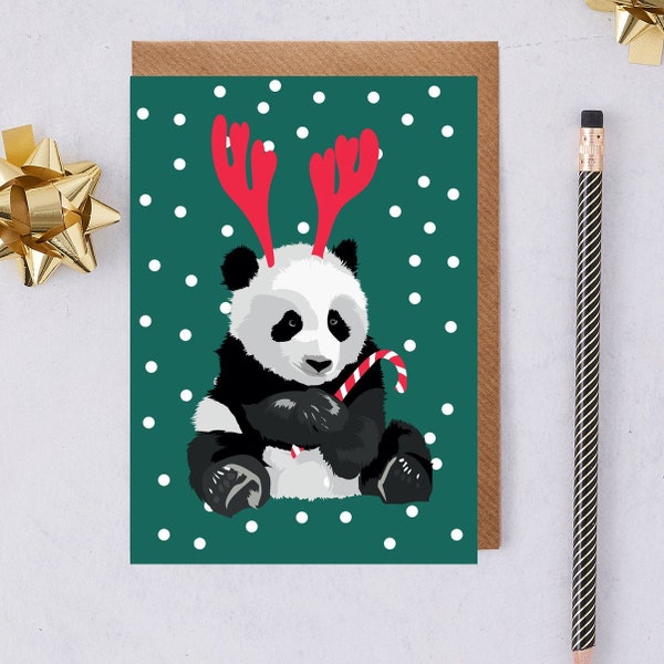 Carte de panda de Noël portant des bois de renne rouges