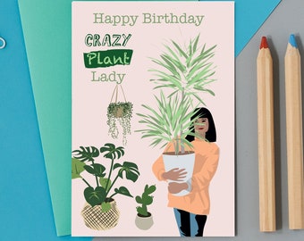 Happy birthday crazy plant lady card, woman proudly holding a big plant