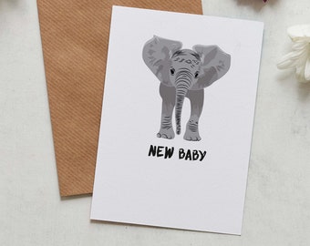 Tarjeta de felicitación ilustrada con la imagen de un elefante recién nacido.