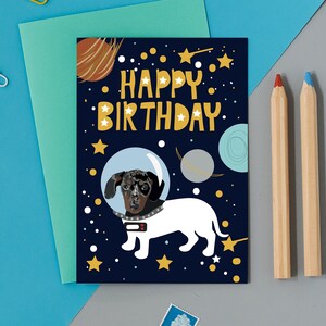 astronaut sausage dog happy birthday card, dachshund puppy