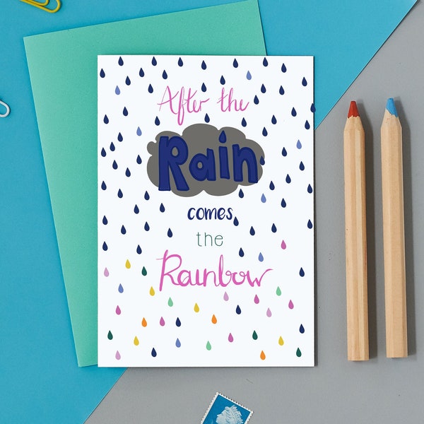 After the rain comes the rainbow, card featuring multicoloured rain drops