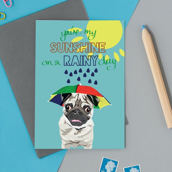 You're my sunshine on a rainy day, Arnie the pug with umbrella hat