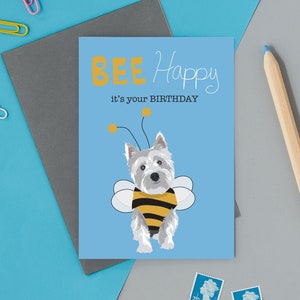 Bee happy west highland terrier card, dog in a bee outfit fancy dress