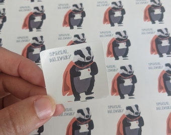 Badger special delivery sticker, postage stickers, wrapping stickers with super hero badger