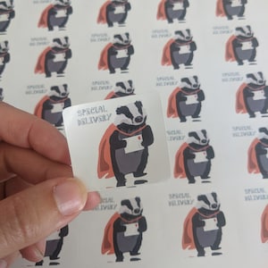 Badger special delivery sticker, postage stickers, wrapping stickers with super hero badger